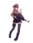  1girl absurdres artist_request assault_rifle bag cellphone commentary_request full_body germany gun hat highres holding holding_gun holding_weapon korean_commentary military military_hat military_uniform original phone pink_eyes pleated_skirt redhead rifle school_bag skirt smartphone solo stg44 thigh-highs uniform weapon white_background zettai_ryouiki 