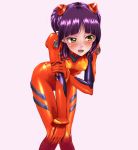  1girl absurdres alternate_hairstyle bodysuit breasts cat_girl cosplay eyepatch gegege_no_kitarou green_eyes highres multicolored multicolored_bodysuit multicolored_clothes nagare_seiya nekomusume nekomusume_(gegege_no_kitarou_6) neon_genesis_evangelion pilot_suit plugsuit pointy_ears purple_hair red_bodysuit skinny slit_pupils solo souryuu_asuka_langley turtleneck 