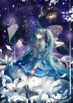  1girl absurdly_long_hair blue_eyes blue_hair bow bowtie crown dress eyebrows_visible_through_hair flower hair_between_eyes hair_bow hair_ribbon hairband hatsune_miku kleinlight lily_(flower) long_dress long_hair looking_at_viewer mini_crown petals pink_bow pink_ribbon ribbon shiny shiny_hair smile solo twintails very_long_hair vocaloid white_bow white_flower wrist_cuffs 