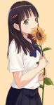  1girl adorable black_hair cute eyebrows_visible_through_hair flower green_eyes hair_ornament hairclip highres holding holding_flower itachi_kanade long_hair looking_at_viewer open_mouth original profile school_uniform solo standing sunflower yellow_background 