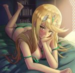  1girl ass bangs barefoot bed bedroom bikini blonde_hair book bookshelf breasts butt_crack cleavage earrings feet green_bikini hand_on_own_cheek highres mythra_(xenoblade) indoors jewelry kami_mitsugu_(kamiken) large_breasts long_hair looking_at_viewer lying multicolored multicolored_bikini multicolored_clothes necklace nintendo on_bed on_stomach revision smile solo strap_slip swept_bangs swimsuit the_pose tiara xenoblade_(series) xenoblade_2 