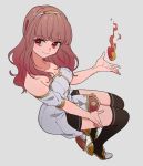  1girl black_legwear celica_(fire_emblem) closed_mouth dress fire fire_emblem fire_emblem_echoes:_mou_hitori_no_eiyuuou grey_background hair_ornament hairband high_heels highres itou_(very_ito) long_hair nintendo red_eyes redhead simple_background smile solo thigh-highs zettai_ryouiki 