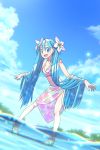  1girl bent_over bikini blue_eyes blue_hair blue_sky breasts cleavage clouds collarbone day flower full_body hair_between_eyes hair_flower hair_ornament hatsune_miku highres long_hair navel outdoors outstretched_arms petals shiny shiny_hair sky small_breasts solo standing swimsuit syego twintails very_long_hair vocaloid white_flower 