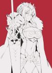  1girl absurdres armor artoria_pendragon_(all) bangs braid breasts cape cleavage cleavage_cutout closed_mouth commentary_request covered_navel cowboy_shot cross crown eyebrows_visible_through_hair fate/grand_order fate_(series) fur_cape hair_between_eyes highres holding lance lineart long_hair looking_at_viewer nose polearm realistic red_background reroi solo standing weapon 