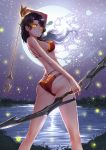  1girl adsouto arrow artist_name ass ass_cutout between_buttocks bikini black_hair bow_(weapon) breasts broken_moon butt_crack cinder_fall curvy fireflies from_behind glowing glowing_eyes hair_over_one_eye highres hips holding holding_bow_(weapon) holding_weapon keyhole_bikini lake legs legs_apart long_hair looking_at_viewer looking_back medium_breasts moon night outdoors red_bikini rwby sky smile solo standing star_(sky) starry_sky swimsuit thighs water weapon wide_hips wind yellow_eyes 