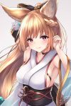 1girl animal_ears bangs blush breasts brown_hair closed_mouth eyebrows_visible_through_hair granblue_fantasy highres large_breasts long_hair looking_at_viewer pink_eyes sideboob smile solo upper_body ym_(distance819) yuisis_(granblue_fantasy) 