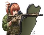  1girl artist_name brown_gloves brown_hair camouflage dated gloves green_eyes gun headset highres holding holding_gun holding_weapon jpc original shield solo standing upper_body weapon white_background 