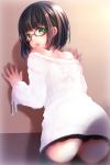  1girl :o against_wall ass bare_shoulders black_hair black_legwear black_skirt earrings glasses green_eyes hands_up highres hinariaoba inside jewelry looking_back medium_hair original skirt sweater thigh-highs white_sweater 