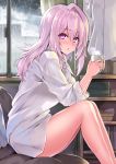  1girl bangs bare_legs blush clouds cloudy_sky collared_shirt commentary_request cu-no cup day dress_shirt drinking_glass eyebrows_visible_through_hair hair_between_eyes hands_up hisenkaede holding holding_cup indoors long_hair long_sleeves looking_at_viewer looking_to_the_side naked_shirt nose_blush parted_lips pink_hair rain shirt shirt_removed single_hair_intake sitting sky sleeves_pushed_up solo violet_eyes white_shirt window yayoi_sakura 