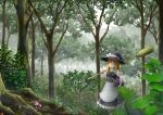  1girl =_= black_hat blonde_hair book bow broom closed_eyes day eyebrows_visible_through_hair facing_away forest hair_bow hat hat_bow hat_ribbon holding holding_book holding_broom kirisame_marisa long_hair mushroom nature outdoors ragi_(schrdngr) ribbon scenery solo standing touhou tree white_bow white_ribbon witch_hat 