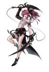  1girl :d absurdres bare_shoulders black_footwear black_gloves black_skirt braid chains copyright_request crop_top detached_sleeves dual_wielding full_body gloves hair_between_eyes highres holding holding_sword holding_weapon leg_strap looking_at_viewer maruchi midriff navel open_mouth original pink_eyes pink_hair ponytail shoes simple_background single_glove skirt smile solo sword weapon white_background 