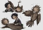 1boy 1girl arm_support artist_name black_hair brown_eyes brown_feathers brown_hair coat earrings feathers full_body grass grey_background grey_coat hand_on_another&#039;s_face harpy human_head ishida_umi jewelry long_sleeves looking_at_another lying medium_hair messy_hair monster_girl multiple_views necklace on_back on_stomach one_eye_closed open_mouth original shirt short_hair simple_background sitting white_shirt yellow_eyes 