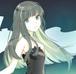  1girl bangs bare_shoulders black_dress blunt_bangs closed_mouth commentary_request dress eyebrows_visible_through_hair green_eyes green_hair looking_at_viewer maruchi original solo upper_body 
