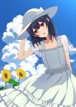  1girl :d blue_dress blue_hair clouds cloudy_sky dress flower hat highres holding holding_hat idolmaster idolmaster_shiny_colors looking_at_viewer medium_hair morino_rinze open_mouth red_eyes see-through_sleeves sky smile solo sunflower yahiro_(epicopeiidae) 