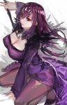  1girl aoin bangs breasts cleavage commentary_request covered_nipples dress eyebrows_visible_through_hair fate/grand_order fate_(series) fur_trim hair_between_eyes highres holding holding_wand jewelry kneeling large_breasts long_hair pantyhose purple_dress purple_hair red_eyes scathach_(fate)_(all) scathach_skadi_(fate/grand_order) sitting solo tiara wand 