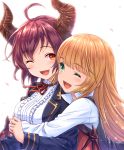  2girls ;d ahoge anne_(shingeki_no_bahamut) blonde_hair blush commentary_request dragon_horns dragon_wings eyebrows_visible_through_hair granblue_fantasy grea_(shingeki_no_bahamut) green_eyes highres horns hug hug_from_behind long_hair long_sleeves looking_at_another multiple_girls one_eye_closed open_mouth orange_eyes petals red_ribbon redhead ribbon shingeki_no_bahamut short_hair simple_background smile tomo_(user_hes4085) upper_body white_background wings 