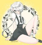  1other androgynous crystal_hair gem_uniform_(houseki_no_kuni) ghost_quartz_(houseki_no_kuni) grey_eyes grey_eyes hair_over_one_eye houseki_no_kuni looking_at_viewer necktie short_hair_with_long_locks silver_hair sitting smile solo sparkle suspenders white_hair yellow_background 