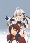 ahoge animal_costume asazuki_norito bell black_gloves black_hair bow capelet carrying closed_eyes elbow_gloves fake_antlers fate/grand_order fate_(series) flat_chest fujimaru_ritsuka_(male) fur-trimmed_capelet fur_trim gloves hair_bow headpiece highres jeanne_d&#039;arc_(fate)_(all) jeanne_d&#039;arc_alter_santa_lily long_hair open_mouth pointing reindeer_costume ribbon shoulder_carry smile striped striped_ribbon sweatdrop white_capelet yellow_eyes 