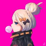  1girl abigail_williams_(fate/grand_order) bangs black_bow black_jacket blue_eyes blush bow bubble_blowing chewing_gum commentary_request crossed_bandaids eyebrows_visible_through_hair fate/grand_order fate_(series) from_side hair_bow hair_bun heroic_spirit_traveling_outfit jacket light_brown_hair long_hair looking_at_viewer looking_to_the_side nebbia orange_bow parted_bangs pink_background polka_dot polka_dot_bow portrait profile signature simple_background solo 