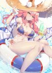  animal_ear_fluff animal_ears bikini bikini_under_clothes blue_bikini breasts calder cleavage collarbone ears_through_headwear fate/grand_order fate_(series) fox_ears fox_tail hat highres innertube large_breasts looking_at_viewer ocean pink_hair shirt side-tie_bikini straw_hat swimsuit tail tamamo_(fate)_(all) tamamo_no_mae_(swimsuit_lancer)_(fate) wet wet_clothes wet_shirt wet_t-shirt yellow_eyes 