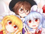  3girls :d bangs black_hat blonde_hair blue_hair blush brooch brown_eyes brown_hair closed_mouth commentary_request eyebrows_visible_through_hair eyes_visible_through_hair fang flandre_scarlet frilled_shirt_collar frills grin hair_between_eyes hand_up hat highres jewelry looking_at_viewer m9kndi medium_hair mob_cap multiple_girls nail_polish open_mouth purple_shirt red-framed_eyewear red_eyes red_nails red_neckwear red_vest remilia_scarlet semi-rimless_eyewear shiny shiny_hair shirt sidelocks slit_pupils smile sweatdrop touhou under-rim_eyewear usami_sumireko v vest violet_detector white_hat white_shirt yellow_neckwear 