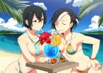  2girls beach bendy_straw bikini black_hair black_hood blue_eyes breasts cleavage cross cup danielle_redford_(kamezaemon) day drink drinking drinking_glass drinking_straw food fruit hair_between_eyes hair_over_one_eye highres jewelry kamezaemon large_breasts looking_at_another medium_breasts multicolored_hair multiple_girls navel necklace o-ring o-ring_bikini one_eye_closed original outdoors shiny shiny_hair shiny_skin short_hair standing striped striped_bikini summer swimsuit two-tone_hair water white_hair 