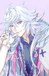  1boy fate/grand_order fate_(series) gloves hand_on_another&#039;s_face looking_at_viewer male_focus merlin_(fate) messy_hair onigiri_(hfyt2533) pov pov_hands ribbon robe smile solo_focus violet_eyes white_gloves white_hair 