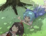  2girls :o blue_dress blue_eyes blue_hair blush bow brown_hair cirno closed_eyes commentary_request dappled_sunlight dress flower grass hair_bow hat highres ice ice_wings kototoki leg_up lying multiple_girls on_stomach outdoors petals pointy_ears shameimaru_aya short_hair short_sleeves sleeping smile sunlight texture tokin_hat touhou tree wings 