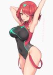  1girl ;o arm_up armpits bangs black_swimsuit blush breasts covered_navel cowboy_shot eyebrows_visible_through_hair grey_background hairband haoni pyra_(xenoblade) large_breasts looking_at_viewer nintendo one-piece_swimsuit one_eye_closed red_eyes redhead short_hair sidelocks simple_background solo stretch swept_bangs swimsuit taut_clothes taut_swimsuit teardrop wet xenoblade_(series) xenoblade_2 