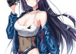  black_hair blue_jacket breasts character_name cleavage collarbone crop_top fate/grand_order fate_(series) gejigejier gun hand_up handgun head_out_of_frame holding holding_gun holding_weapon jacket large_breasts long_hair long_sleeves mole mole_on_breast navel off_shoulder open_clothes open_jacket pistol see-through simple_background very_long_hair weapon white_background 