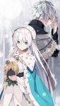  1boy 1girl anastasia_(fate/grand_order) bangs blue_eyes breasts choker closed_mouth crown doll dress eyebrows_visible_through_hair fate/grand_order fate_(series) grey_hair hair_between_eyes head_tilt highres kadoc_zemlupus long_hair looking_at_viewer looking_back mini_crown nagishiro_mito profile short_hair silver_hair white_dress yellow_eyes 