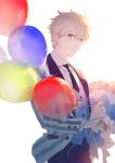  1boy ahoge arthur_pendragon_(fate) balloon bangs black_neckwear black_pants blonde_hair collared_shirt commentary_request fate/prototype fate_(series) formal green_eyes highres holding jacket looking_at_viewer male_focus necktie open_clothes open_jacket pants parted_lips rella shirt simple_background smile solo standing striped_jacket suit vest white_background white_shirt wing_collar 