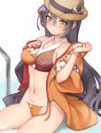  1girl bikini black_choker black_hair breasts choker folks_(nabokof) hat jacket large_breasts long_hair looking_at_viewer navel simple_background solo swimsuit tales_of_(series) tales_of_berseria velvet_crowe very_long_hair yellow_eyes 