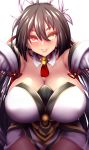  1girl ahoge ara_han bare_shoulders black_hair breasts cleavage detached_collar elsword fi-san heterochromia highres huge_breasts leaning_forward long_hair looking_at_viewer parted_lips red_eyes shiva_(elsword) smile solo very_long_hair wide_hips yellow_eyes 