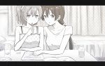  2girls bangs book cup curtains drinking_glass elbows_on_table eraser eyebrows_visible_through_hair greyscale holding holding_pencil homework indoors kousaka_honoka letterboxed long_hair love_live! love_live!_school_idol_project lying mechanical_pencil monochrome multiple_girls on_side open_book paper pen_to_mouth pencil pointing ponytail shibasaki_shouji shirt short_hair short_sleeves sonoda_umi spaghetti_strap sweatdrop table v-neck 