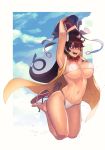  1girl bead_necklace beads bikini bikini_top breasts cleavage clouds cloudy_sky collarbone day earrings fate/grand_order fate_(series) hair_between_eyes hat headpiece hoop_earrings jewelry jumping large_breasts navel necklace open_mouth outdoors revision sandals sky sleeveless sungwon swimsuit violet_eyes white_bikini xuanzang_(fate/grand_order) 