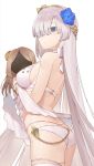1girl anastasia_(fate/grand_order) ass bare_shoulders bikini blue_eyes blue_flower blush breasts brown_hairband closed_mouth commentary_request eyes_visible_through_hair fate/grand_order fate_(series) female_ass flower hair_flower hair_ornament hair_over_one_eye hairband hayashi_kewi light_brown_hair long_hair looking_away looking_to_the_side medium_breasts orange_flower sideboob silver_hair solo swimsuit thigh-highs two-piece_swimsuit very_long_hair white_bikini white_legwear white_swimsuit