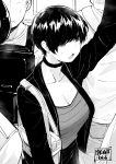  1girl absurdres artist_name bag bags_under_eyes bangs black_hair black_jacket breasts choker cleavage collarbone crowded earrings greyscale ground_vehicle handbag highres jacket jewelry large_breasts monochrome norman_maggot ol-chan_(norman_maggot) open_mouth original pixie_cut shirt short_hair striped striped_shirt sweat sweatdrop train train_interior 