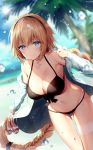  1girl ahoge alternate_costume bangs beach bikini black_bikini blonde_hair blue_sky blurry blurry_background blush braid breasts cleavage closed_mouth clouds collarbone commentary_request day eyebrows_visible_through_hair fate/grand_order fate_(series) groin hair_between_eyes hair_ornament hair_scrunchie hairband highres holding holding_shoes jacket jeanne_d&#039;arc_(fate)_(all) jeanne_d&#039;arc_(swimsuit_archer) large_breasts leg_garter light_particles long_hair long_sleeves looking_at_viewer navel necomi ocean open_clothes open_jacket palm_tree sand sandals sandals_removed scrunchie shoes sidelocks signature single_braid sky smile solo sparkle stomach sunlight swimsuit thighs tree very_long_hair wet yellow_eyes 