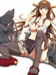  1girl ahoge blush boots breasts brown_hair brown_skirt cannon commentary_request damaged detached_sleeves double_bun hairband hamaguri_(hamaguri1234) hand_on_own_neck highres kantai_collection kongou_(kantai_collection) large_breasts long_hair looking_at_viewer navel nontraditional_miko panties pantyshot pantyshot_(sitting) remodel_(kantai_collection) ribbon-trimmed_sleeves ribbon_trim rigging shirt sitting skirt solo striped striped_panties thigh-highs thigh_boots torn_boots torn_clothes torn_shirt torn_skirt torn_sleeves turret underwear violet_eyes 
