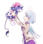  1girl ? commentary_request doremy_sweet doremy_sweet_(baku) grey_hair guuchama hat kishin_sagume lifting looking_at_another nightcap short_hair simple_background single_wing sweat touhou violet_eyes white_background wings 