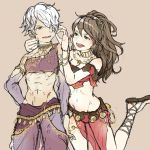  1boy 1girl abs angry bracelet brown_hair circlet dancer hair_over_one_eye highres jewelry long_hair muscle navel octopath_traveler ponytail primrose_azelhart rico_ot short_hair smile therion_(octopath_traveler) white_hair 