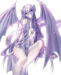  1girl blue-eyes_white_dragon breasts bright_pupils closed_mouth dragon_girl dragon_horns dragon_tail dragon_wings grey_hair hair_between_eyes head_tilt highres horns invisible_chair long_hair looking_at_viewer maruchi pelvic_curtain personification revealing_clothes simple_background sitting small_breasts solo tail very_long_hair violet_eyes white_background wings yu-gi-oh! 