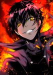  1boy amamiya_ren black_hair fire grin hair_between_eyes looking_at_viewer male_focus mitsuha_(bless_blessing) persona persona_5 shiny shiny_hair smile solo upper_body yellow_eyes 
