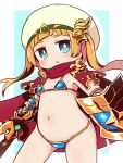  1girl armor bikini_armor blonde_hair blue_eyes cape hat hero_(sekaiju) highres holding holding_shield holding_sword holding_weapon naga_u navel open_mouth red_cape sekaiju_no_meikyuu sekaiju_no_meikyuu_x shield short_hair solo standing sword weapon 