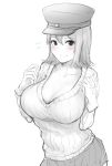  1girl akitsu_maru_(kantai_collection) blush breasts cleavage closed_mouth commentary_request flying_sweatdrops gloves greyscale hair_between_eyes hat hometa kantai_collection large_breasts long_sleeves looking_at_viewer monochrome peaked_cap short_shorts shorts skirt smile solo spot_color sweater upper_body 