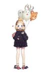  1girl :d abigail_williams_(fate/grand_order) absurdres balloon bangs black_bow black_jacket blonde_hair blue_eyes blush bow commentary_request crossed_bandaids fate/grand_order fate_(series) fou_(fate/grand_order) full_body hair_bow hair_bun hand_up heart heroic_spirit_traveling_outfit highres jacket long_hair long_sleeves medjed object_hug open_mouth orange_bow parted_bangs polka_dot polka_dot_bow red_bow red_footwear round_teeth shoes simple_background sleeves_past_fingers sleeves_past_wrists smile solo standing stuffed_animal stuffed_toy suction_cups teddy_bear teeth tentacle upper_teeth white_background 