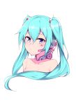  1girl absurdres aqua_hair bangs bare_shoulders blush breasts closed_mouth collarbone commentary_request eyebrows_visible_through_hair facial_hair hair_between_eyes hair_censor hair_ornament hatsune_miku headset highres long_hair looking_at_viewer meng_ge_3_(565571710) portrait simple_background small_breasts solo star twintails violet_eyes vocaloid white_background 