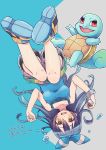  1girl :d absurdres alternate_color bike_shorts black_shorts blue_bow blue_footwear blue_hair blue_hairband blue_shirt bow brown_eyes cosplay full_body gen_1_pokemon hair_between_eyes hair_bow hairband haruka_(pokemon) haruka_(pokemon)_(cosplay) highres holding holding_poke_ball long_hair looking_at_viewer love_live! love_live!_school_idol_project miyamae_porin open_mouth poke_ball red_eyes shirt short_shorts shorts shorts_under_shorts sleeveless sleeveless_shirt smile solo sonoda_umi squirtle upside-down 