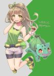  1girl 2018 absurdres alternate_color artist_name bike_shorts black_shorts bow brown_eyes brown_hair bulbasaur collarbone cosplay dated eyebrows_visible_through_hair floating_hair full_body gen_1_pokemon grey_shirt hair_bow hand_on_own_cheek haruka_(pokemon) haruka_(pokemon)_(cosplay) highres holding holding_poke_ball jumping legs_up long_hair looking_at_viewer love_live! love_live!_school_idol_project minami_kotori miyamae_porin poke_ball poke_ball_earrings pokemon pokemon_(creature) shirt short_shorts shorts shorts_under_shorts sleeveless sleeveless_shirt white_shorts 